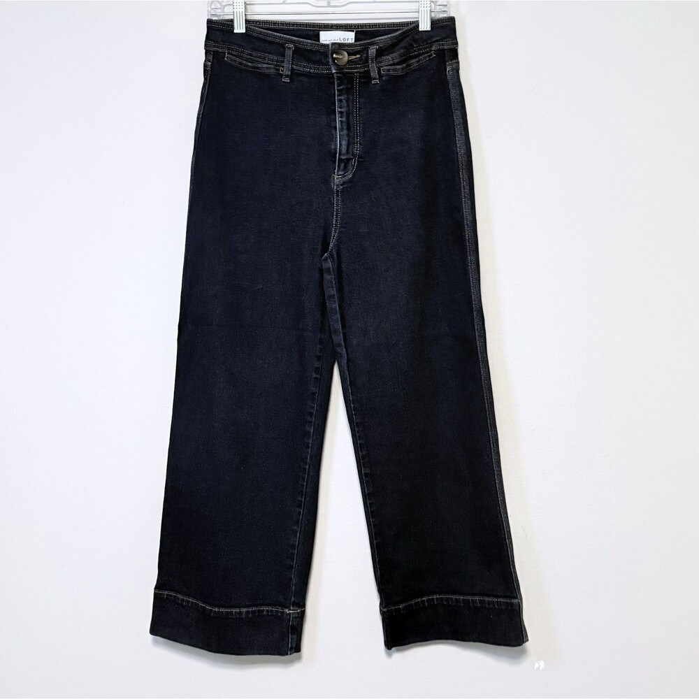LOFT High Waist Wide Leg Crop Jeans Sz 27/4 Dark Wash Stretch Elevated Basic